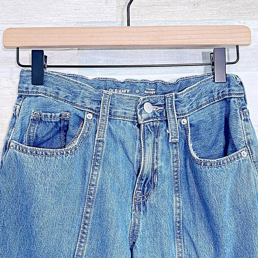 Old Navy High Waisted Super Baggy Wide-Leg Cargo Jeans Blue Indigo Girls 12